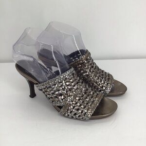 Donald Pliner Alita Leather Metallic Gunmetal Woven Slip-On Mule Heel Size 7.5 N